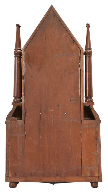 Birge & Fuller, Bristol, Conn., 8 day, time and strike wagon spring brass movement steeple on frame with candle finials shelf clock.