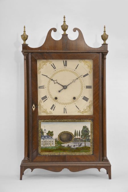 E. Terry & Sons, Plymouth, Conn., 30 hour, time and strike weight wood movement pillar & scroll shelf clock.