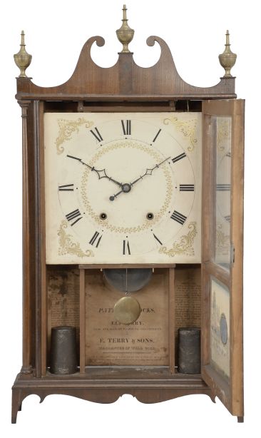 E. Terry & Sons, Plymouth, Conn., 30 hour, time and strike weight wood movement pillar & scroll shelf clock.