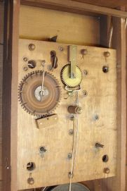E. Terry & Sons, Plymouth, Conn., 30 hour, time and strike weight wood movement pillar & scroll shelf clock.