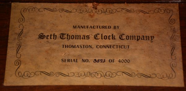 Seth Thomas Clock Co., Thomaston, Conn., "Regulator No. 2 Reissue", 8 day, weight brass movement wall timepiece. Case is numbered 3573 of 4000.