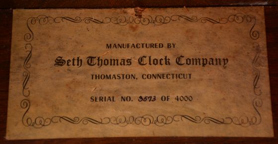 Seth Thomas Clock Co., Thomaston, Conn., "Regulator No. 2 Reissue", 8 day, weight brass movement wall timepiece. Case is numbered 3573 of 4000.