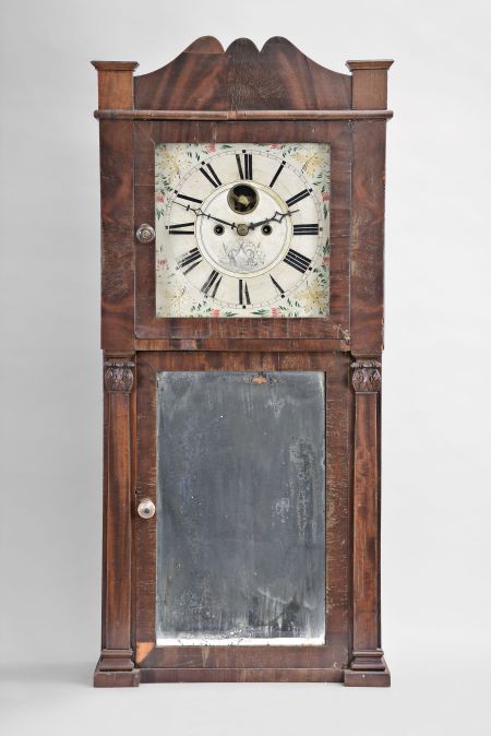 Hotchkiss & Benedict, Auburn, New York, 8 day, time and strike weight brass movement flat column and splat shelf clock.