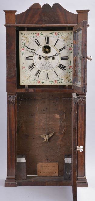Hotchkiss & Benedict, Auburn, New York, 8 day, time and strike weight brass movement flat column and splat shelf clock.