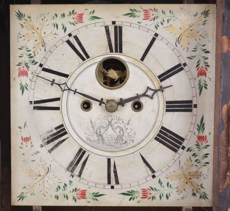 Hotchkiss & Benedict, Auburn, New York, 8 day, time and strike weight brass movement flat column and splat shelf clock.