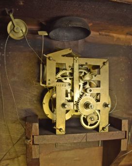 Hotchkiss & Benedict, Auburn, New York, 8 day, time and strike weight brass movement flat column and splat shelf clock.