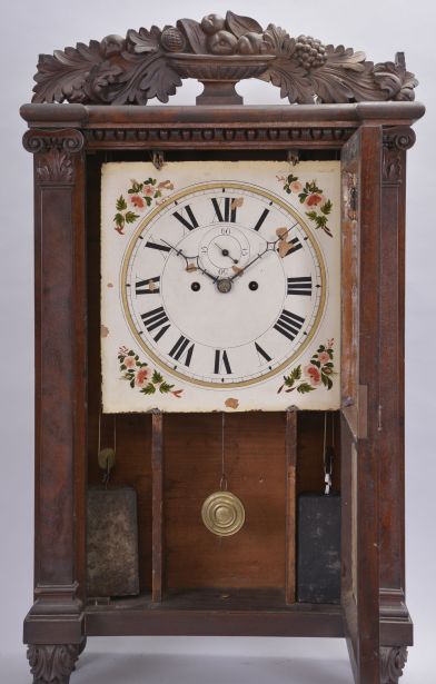 (Attributed to) Sylvester Clarke, Salem Bridge, Conn., 8 day, time and strike weight brass movement flat column with carved crest and feet shelf clock.