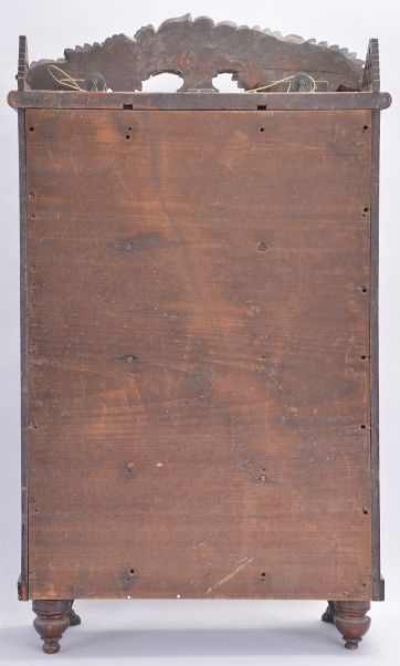 (Attributed to) Sylvester Clarke, Salem Bridge, Conn., 8 day, time and strike weight brass movement flat column with carved crest and feet shelf clock.
