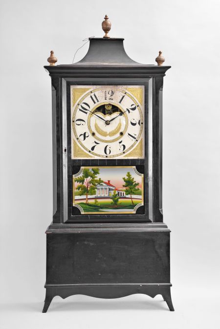 An old shelf clock case, perhaps Colonial Revival or earlier, now fitted with a Birge, Mallory & Co., Bristol, Conn., 8 day, time and strike weight strap brass movement, c1840.