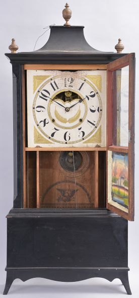 An old shelf clock case, perhaps Colonial Revival or earlier, now fitted with a Birge, Mallory & Co., Bristol, Conn., 8 day, time and strike weight strap brass movement, c1840.