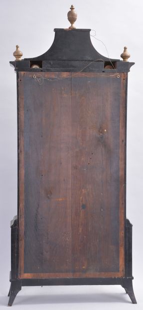 An old shelf clock case, perhaps Colonial Revival or earlier, now fitted with a Birge, Mallory & Co., Bristol, Conn., 8 day, time and strike weight strap brass movement, c1840.