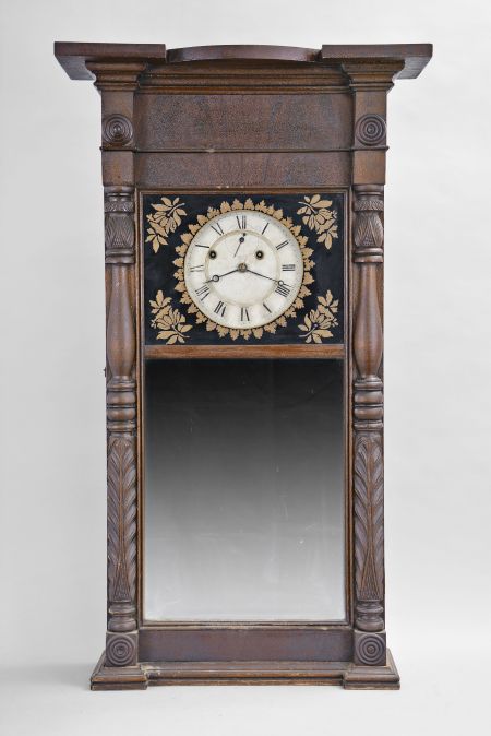 Munger & Benedict, Auburn, New York, 8 day, time and strike weight driven, brass movement Empire case "ironing board top" shelf clock.
