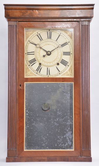 Clocks- 2 (Two): (1) Henry C. Smith, Bristol, Conn., 30 hour, time and strike weight wood movement reeded pilaster and cornice top shelf clock. c1835 (2) Jerome & Darrow, Bristol, Conn. 30 hour, time and strike, weight wood movement column & cornice shelf clock. c1830