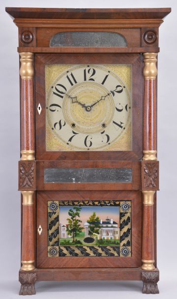 Clocks- 2 (Two): (1) Henry C. Smith, Bristol, Conn., 30 hour, time and strike weight wood movement reeded pilaster and cornice top shelf clock. c1835 (2) Jerome & Darrow, Bristol, Conn. 30 hour, time and strike, weight wood movement column & cornice shelf clock. c1830