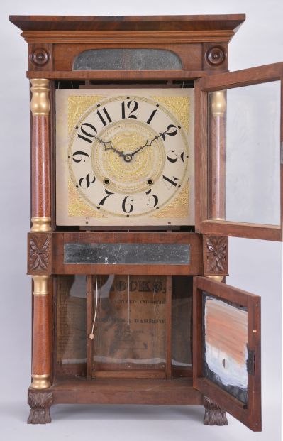 Clocks- 2 (Two): (1) Henry C. Smith, Bristol, Conn., 30 hour, time and strike weight wood movement reeded pilaster and cornice top shelf clock. c1835 (2) Jerome & Darrow, Bristol, Conn. 30 hour, time and strike, weight wood movement column & cornice shelf clock. c1830