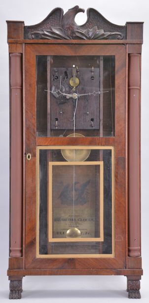 Clocks- 3 (Three) :,(1) Bloomer & Sperry, New York, 30 hour, time and strike weight brass movement 4-column and OG molding shelf clock. c1845 (2) Eli Terry, Jr., Terrysville, Conn., 8 day, time and strike weight wood movement half column & eagle splat shelf clock. c1830 (3) David Dutton, Mount Vernon, New Hampshire, 30 hour, time, strike and alarm quarter column & splat shelf clock. c1830