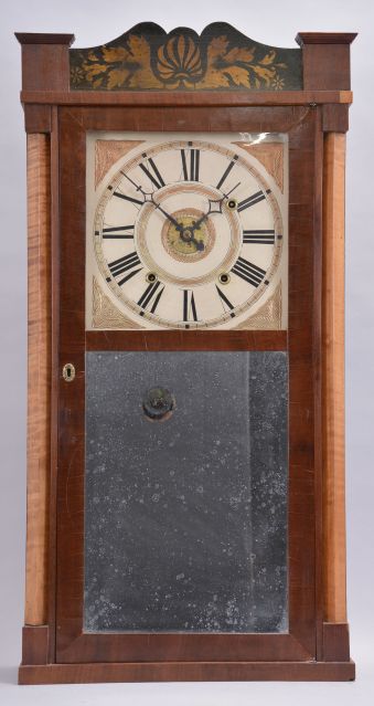 Clocks- 3 (Three) :,(1) Bloomer & Sperry, New York, 30 hour, time and strike weight brass movement 4-column and OG molding shelf clock. c1845 (2) Eli Terry, Jr., Terrysville, Conn., 8 day, time and strike weight wood movement half column & eagle splat shelf clock. c1830 (3) David Dutton, Mount Vernon, New Hampshire, 30 hour, time, strike and alarm quarter column & splat shelf clock. c1830