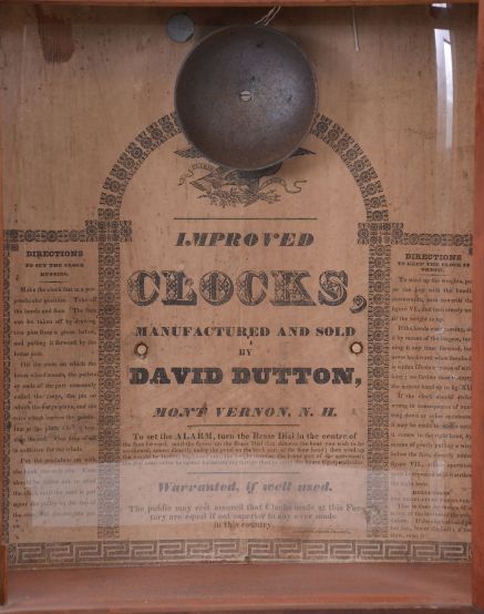 Clocks- 3 (Three) :,(1) Bloomer & Sperry, New York, 30 hour, time and strike weight brass movement 4-column and OG molding shelf clock. c1845 (2) Eli Terry, Jr., Terrysville, Conn., 8 day, time and strike weight wood movement half column & eagle splat shelf clock. c1830 (3) David Dutton, Mount Vernon, New Hampshire, 30 hour, time, strike and alarm quarter column & splat shelf clock. c1830
