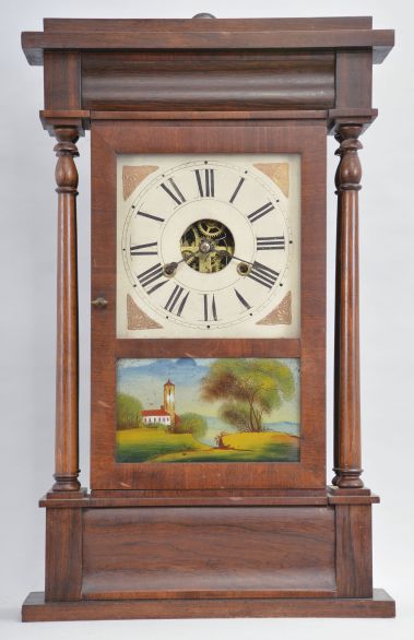 Clocks- 3 (Three) :,(1) Bloomer & Sperry, New York, 30 hour, time and strike weight brass movement 4-column and OG molding shelf clock. c1845 (2) Eli Terry, Jr., Terrysville, Conn., 8 day, time and strike weight wood movement half column & eagle splat shelf clock. c1830 (3) David Dutton, Mount Vernon, New Hampshire, 30 hour, time, strike and alarm quarter column & splat shelf clock. c1830