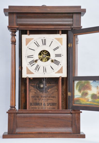 Clocks- 3 (Three) :,(1) Bloomer & Sperry, New York, 30 hour, time and strike weight brass movement 4-column and OG molding shelf clock. c1845 (2) Eli Terry, Jr., Terrysville, Conn., 8 day, time and strike weight wood movement half column & eagle splat shelf clock. c1830 (3) David Dutton, Mount Vernon, New Hampshire, 30 hour, time, strike and alarm quarter column & splat shelf clock. c1830