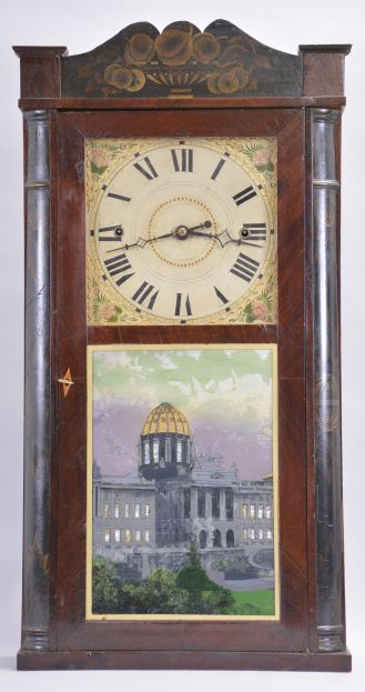 Clocks- 3 (Three) :(1) Forestville Mfg. Co., Bristol, Conn., 8 day, time and strike weight brass movement column & cornice shelf clock. c1850 (2) Henry Judd, Torrington, Conn., 30 hour, time and strike weight wood Torrington movement shelf clock. c1830. (3) Riley Whiting, Winchester, Conn., 8 day, time and strike weight wood movement column & cornice top shelf clock. c1830