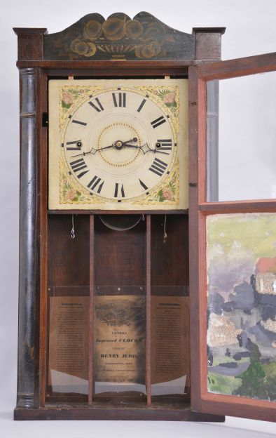 Clocks- 3 (Three) :(1) Forestville Mfg. Co., Bristol, Conn., 8 day, time and strike weight brass movement column & cornice shelf clock. c1850 (2) Henry Judd, Torrington, Conn., 30 hour, time and strike weight wood Torrington movement shelf clock. c1830. (3) Riley Whiting, Winchester, Conn., 8 day, time and strike weight wood movement column & cornice top shelf clock. c1830