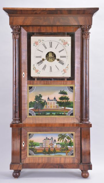 Clocks- 3 (Three) :(1) Forestville Mfg. Co., Bristol, Conn., 8 day, time and strike weight brass movement column & cornice shelf clock. c1850 (2) Henry Judd, Torrington, Conn., 30 hour, time and strike weight wood Torrington movement shelf clock. c1830. (3) Riley Whiting, Winchester, Conn., 8 day, time and strike weight wood movement column & cornice top shelf clock. c1830