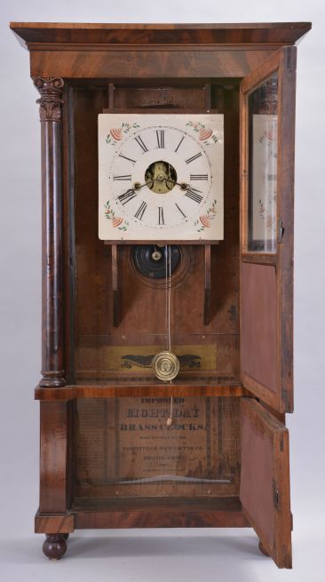 Clocks- 3 (Three) :(1) Forestville Mfg. Co., Bristol, Conn., 8 day, time and strike weight brass movement column & cornice shelf clock. c1850 (2) Henry Judd, Torrington, Conn., 30 hour, time and strike weight wood Torrington movement shelf clock. c1830. (3) Riley Whiting, Winchester, Conn., 8 day, time and strike weight wood movement column & cornice top shelf clock. c1830