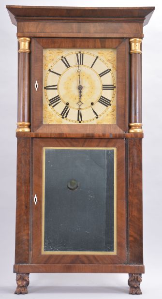 Clocks- 3 (Three) :(1) Forestville Mfg. Co., Bristol, Conn., 8 day, time and strike weight brass movement column & cornice shelf clock. c1850 (2) Henry Judd, Torrington, Conn., 30 hour, time and strike weight wood Torrington movement shelf clock. c1830. (3) Riley Whiting, Winchester, Conn., 8 day, time and strike weight wood movement column & cornice top shelf clock. c1830