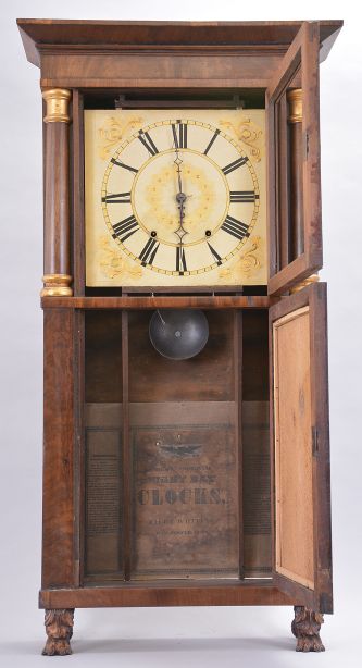 Clocks- 3 (Three) :(1) Forestville Mfg. Co., Bristol, Conn., 8 day, time and strike weight brass movement column & cornice shelf clock. c1850 (2) Henry Judd, Torrington, Conn., 30 hour, time and strike weight wood Torrington movement shelf clock. c1830. (3) Riley Whiting, Winchester, Conn., 8 day, time and strike weight wood movement column & cornice top shelf clock. c1830