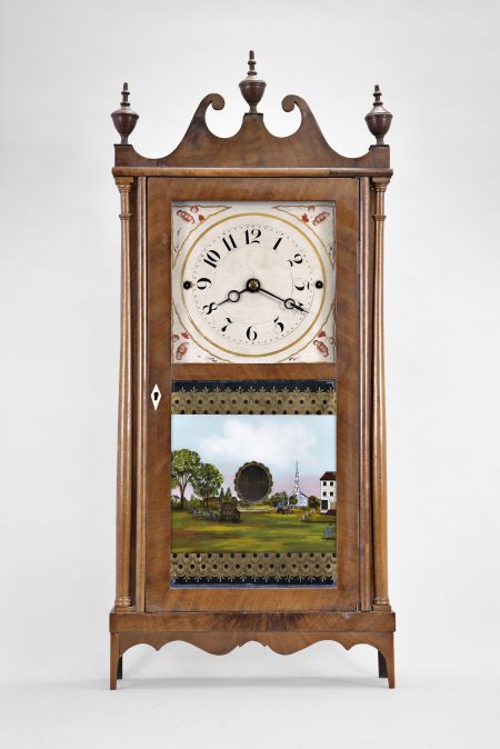 Erastus Hodges, Torrington, Conn., 30 hour, time and strike weight wood Torrington movement pillar & scroll shelf clock.