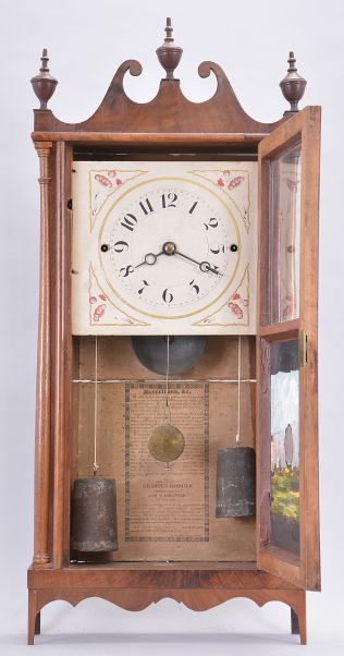 Erastus Hodges, Torrington, Conn., 30 hour, time and strike weight wood Torrington movement pillar & scroll shelf clock.
