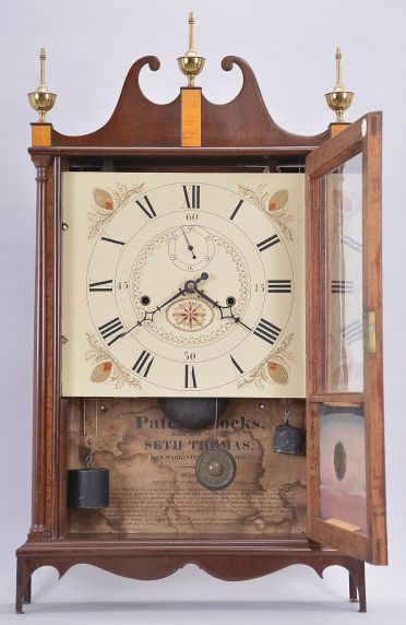 Seth Thomas, Plymouth, Conn., 30 hour, time and strike weight wood movement off center pillar & scroll shelf clock.