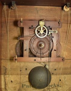 Seth Thomas, Plymouth, Conn., 30 hour, time and strike weight wood movement off center pillar & scroll shelf clock.