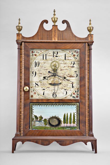 Eli Terry, Plymouth, Conn., 30 hour, time and strike weight wood movement outside escapement model 3 pillar & scroll shelf clock.