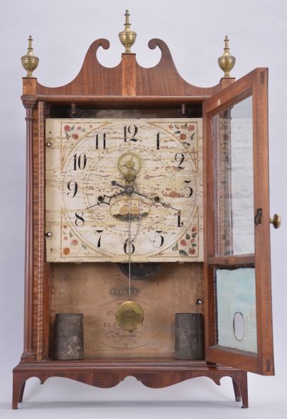 Eli Terry, Plymouth, Conn., 30 hour, time and strike weight wood movement outside escapement model 3 pillar & scroll shelf clock.
