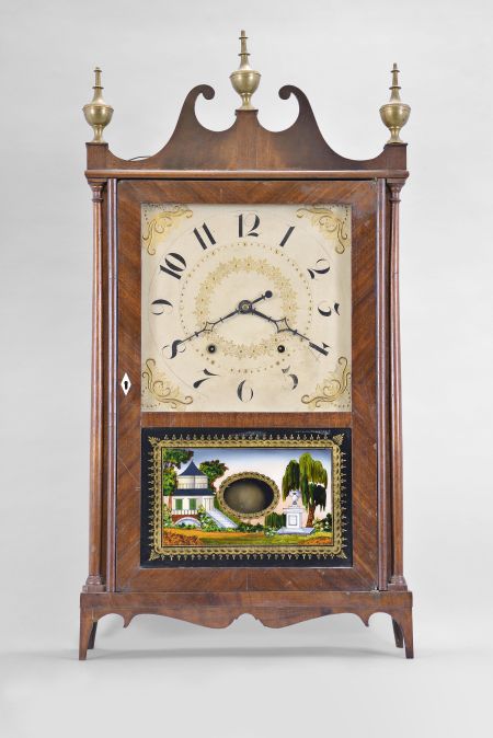 Chauncey Ives, Bristol, Conn., 8 day, time and strike weight wood movement pillar & scroll shelf clock