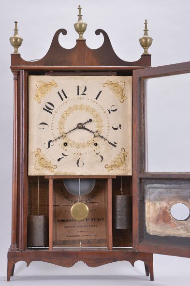 Chauncey Ives, Bristol, Conn., 8 day, time and strike weight wood movement pillar & scroll shelf clock