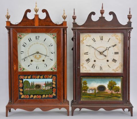 Clocks- 2 (Two): (1) Wadworths & Turners, LItchfield, Conn., 30 hour, time and strike weight wood movement pillar & scroll shelf clock. c1830 (2) Bunnell & Scoville, Owego, Tioga County, New York, 30 hour, time and strike weight wood movement pillar & scroll shelf.
