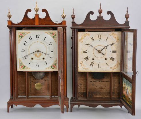 Clocks- 2 (Two): (1) Wadworths & Turners, LItchfield, Conn., 30 hour, time and strike weight wood movement pillar & scroll shelf clock. c1830 (2) Bunnell & Scoville, Owego, Tioga County, New York, 30 hour, time and strike weight wood movement pillar & scroll shelf.