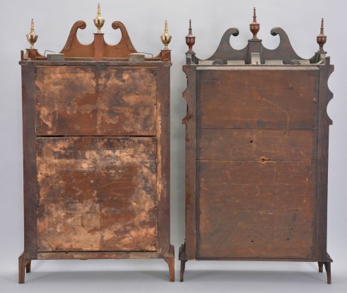 Clocks- 2 (Two): (1) Wadworths & Turners, LItchfield, Conn., 30 hour, time and strike weight wood movement pillar & scroll shelf clock. c1830 (2) Bunnell & Scoville, Owego, Tioga County, New York, 30 hour, time and strike weight wood movement pillar & scroll shelf.