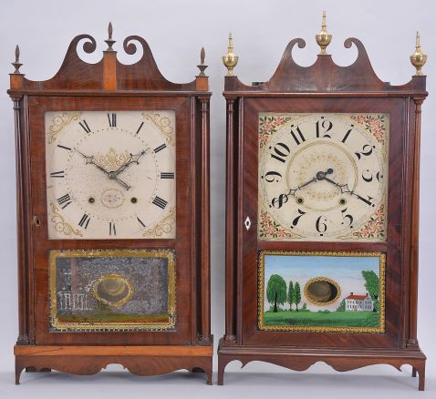Clocks- 2 (Two): (1) Eli Terry, Plymouth, Conn., 30 hour, time and strike weight wood movement pillar & scroll shelf clock. c1820 (2) (Possibly) Ephraim Downs, Bristol, 30 hour, time and strike weight wood movement pillar & scroll shelf clock. c1830.