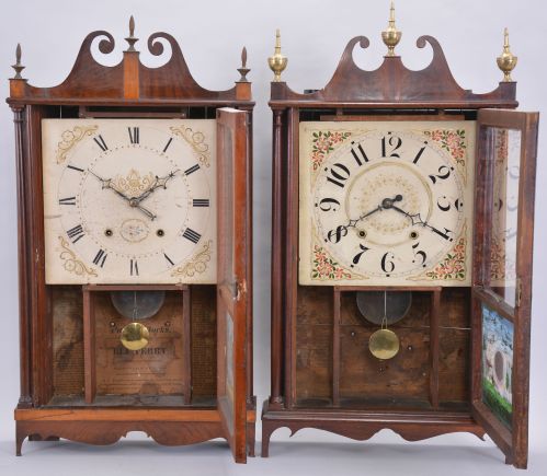 Clocks- 2 (Two): (1) Eli Terry, Plymouth, Conn., 30 hour, time and strike weight wood movement pillar & scroll shelf clock. c1820 (2) (Possibly) Ephraim Downs, Bristol, 30 hour, time and strike weight wood movement pillar & scroll shelf clock. c1830.