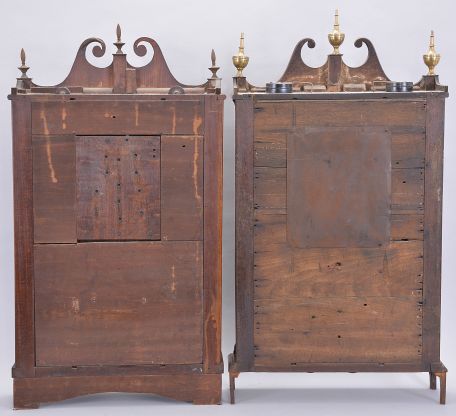 Clocks- 2 (Two): (1) Eli Terry, Plymouth, Conn., 30 hour, time and strike weight wood movement pillar & scroll shelf clock. c1820 (2) (Possibly) Ephraim Downs, Bristol, 30 hour, time and strike weight wood movement pillar & scroll shelf clock. c1830.