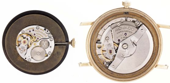 Wrist watches- 2 (Two): both Movado, the first a "Museum", 17 jewel cal. 1730 movement, tropical metal dial, 14 karat yellow gold case, black crocodile strap, 32mm, the other a "Kingmatic S", 17 jewel cal. 380 movement, baton marker metal dial, 14 karat yellow gold case, 33mm, 50.6g TW
