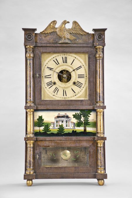 Birge, Mallory & Co., Bristol, Conn., 30 hour, time and strike weight strap brass movement miniature triple decker shelf clock.