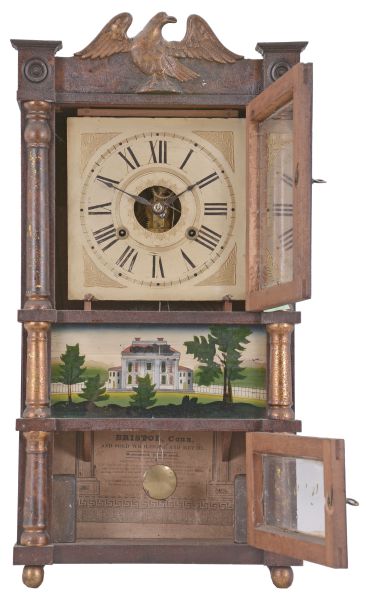Birge, Mallory & Co., Bristol, Conn., 30 hour, time and strike weight strap brass movement miniature triple decker shelf clock.