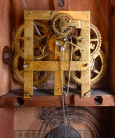Birge, Mallory & Co., Bristol, Conn., 30 hour, time and strike weight strap brass movement miniature triple decker shelf clock.