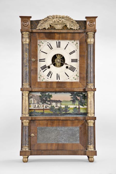 Birge, Mallory and Co., Bristol, Conn., 30 hour, time and strike weight brass movement miniature triple decker shelf clock.