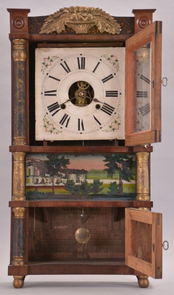 Birge, Mallory and Co., Bristol, Conn., 30 hour, time and strike weight brass movement miniature triple decker shelf clock.